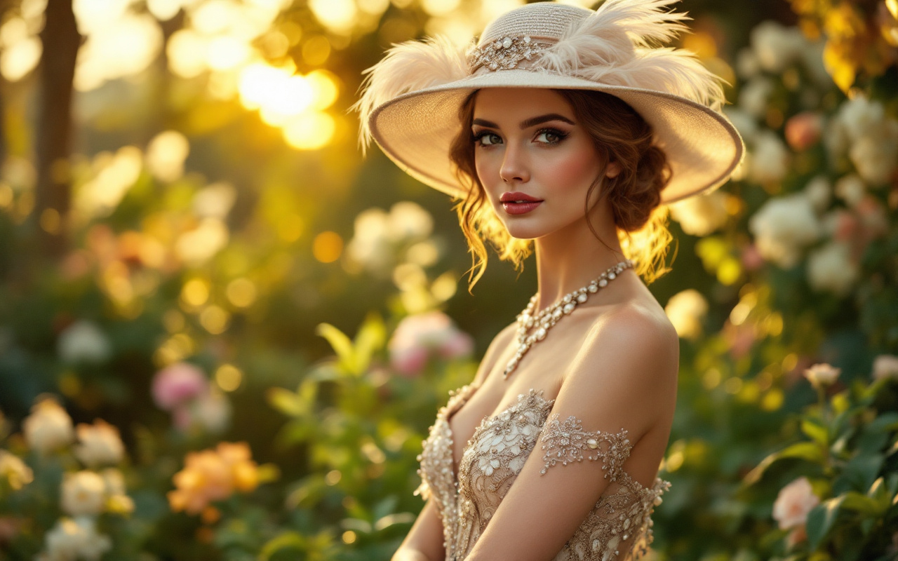 Femme moderne portant une tenue de style Gatsby lors d'un événement vintage, entourée d'un jardin, avec des accessoires élégants et une lumière dorée au coucher du soleil.
