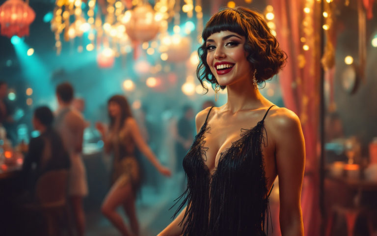une-jeune-femme-flapper-portant-une-robe-a-franges-entouree-dune-ambiance-de-fete-des-annees-1920-decorations-colorees-et-lumiere-doree-creant-une-atmosphere-chaleureuse-et-festive