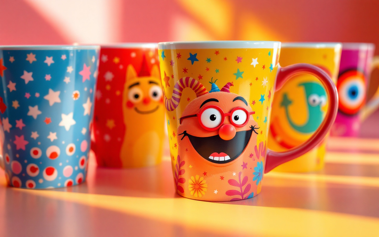 Image de tasses colorées avec des designs humoristiques, présentant des motifs vibrants dans des couleurs vives, dans un décor lumineux et joyeux.