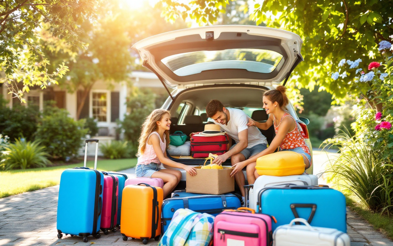 Une famille souriante en train de charger une voiture pour des vacances d'été, avec des enfants aidant à porter des bagages, sous un soleil éclatant, dans une allée de quartier entourée de verdure.