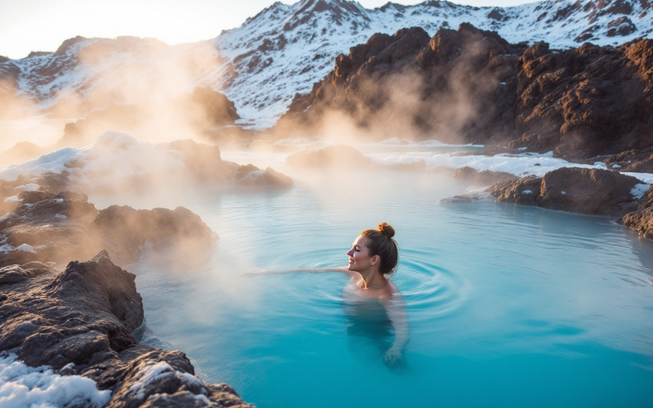 Une personne se détend dans des sources chaudes en Islande, entourée de vapeur, avec un paysage volcanique en arrière-plan et une lumière dorée du coucher de soleil.
