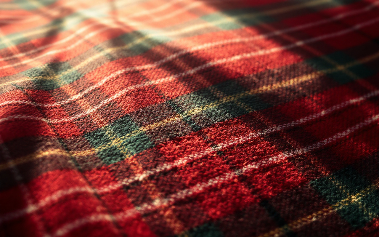 Gros plan d'un motif de tissu tartan, présentant des nuances de rouge et de vert, mettant en valeur les détails complexes du tissage.
