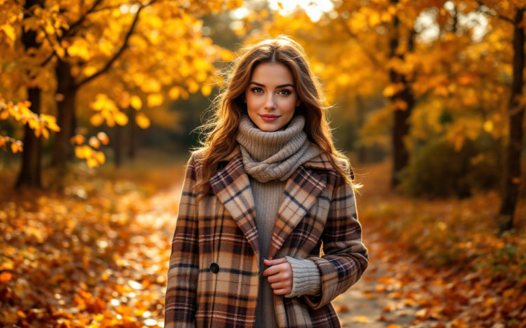 une-personne-portant-un-manteau-a-carreaux-style-se-tenant-dans-un-parc-automnal-vibrant-entouree-de-feuilles-dorees-avec-une-douce-lumiere-du-soleil-filtrant-a-travers-les-arbres