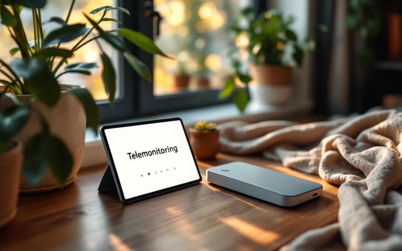 Un dispositif de télésurveillance moderne placé sur un bureau en bois dans un cadre accueillant, entouré de textiles doux et de plantes d'intérieur, baigné d'une lumière ambiante chaleureuse provenant d'une fenêtre.